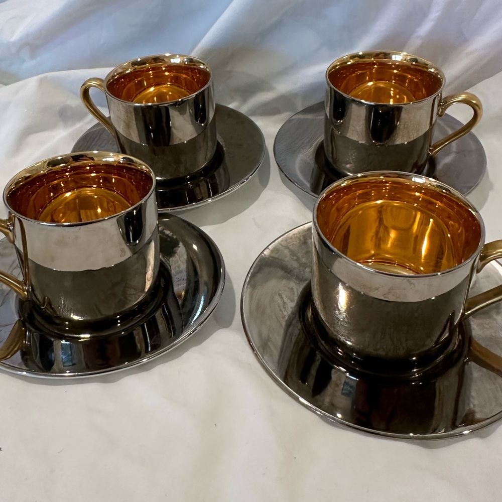 Fitz and Floyd Gold & Silver Espresso Tea Cups With Saucers. Set of four.